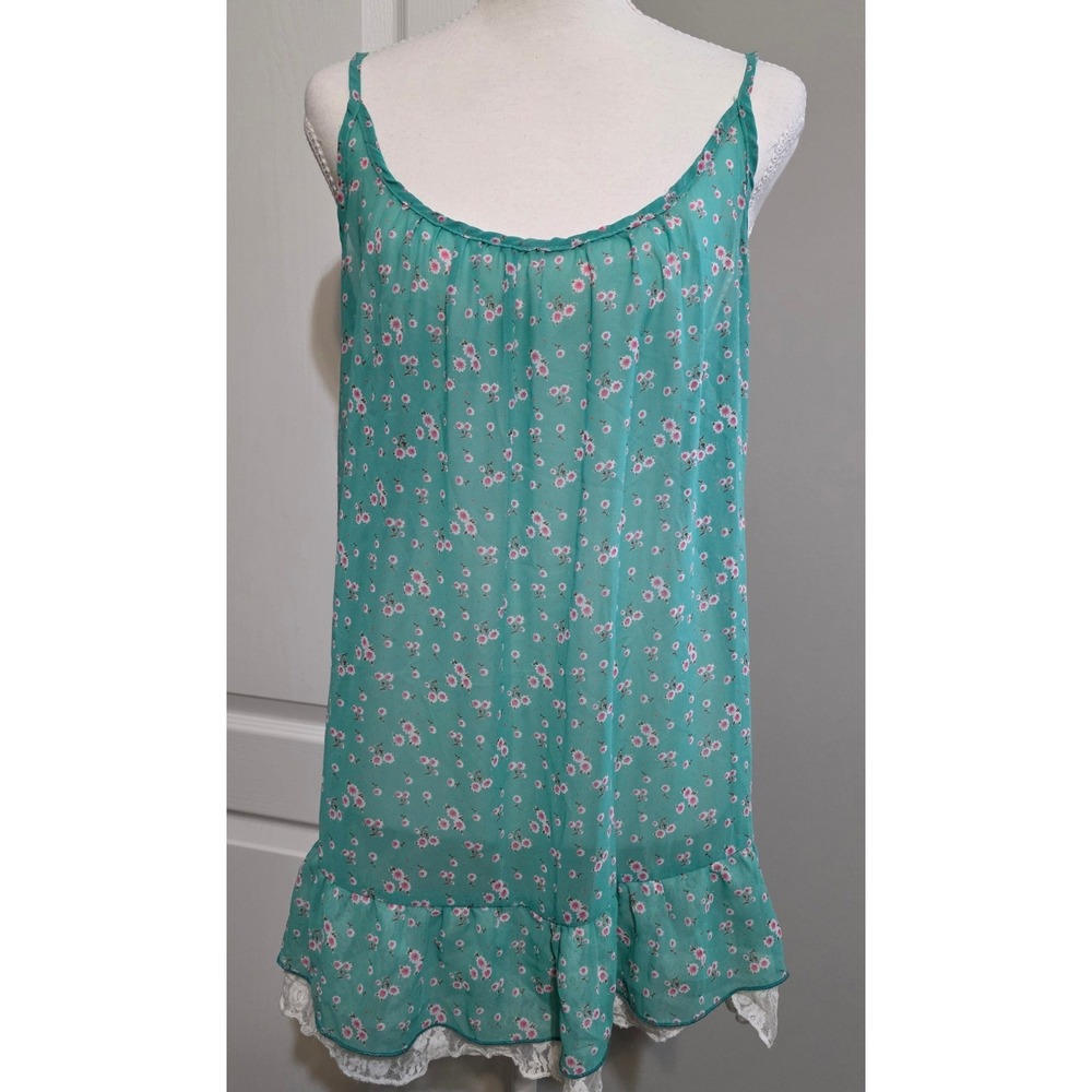 Blue Sketch Top Teal Floral Chiffon Ruffle Lace Hem Women‎ Large Dainty Flowers